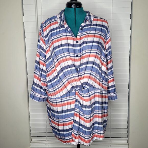 Catherines Tops - Catherines Red White Blue Patriotic Plaid Twist Front Button Down Blouse Size 3X